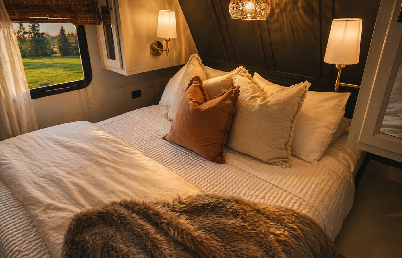 Layered linens and velvet pillows in the bedroom