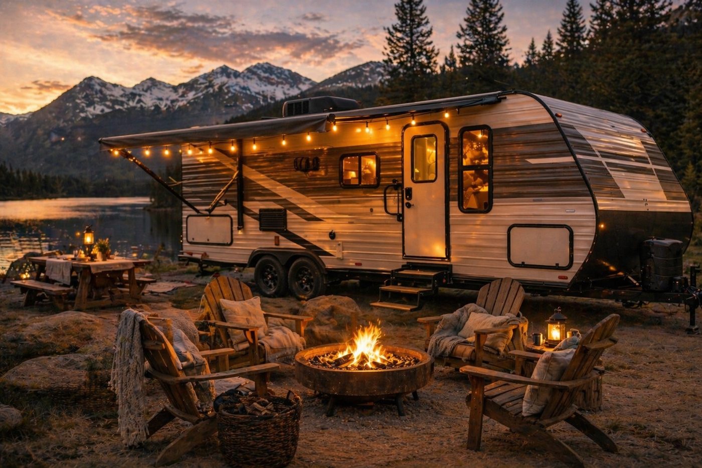 Warm living and dining interior glowing at golden hour