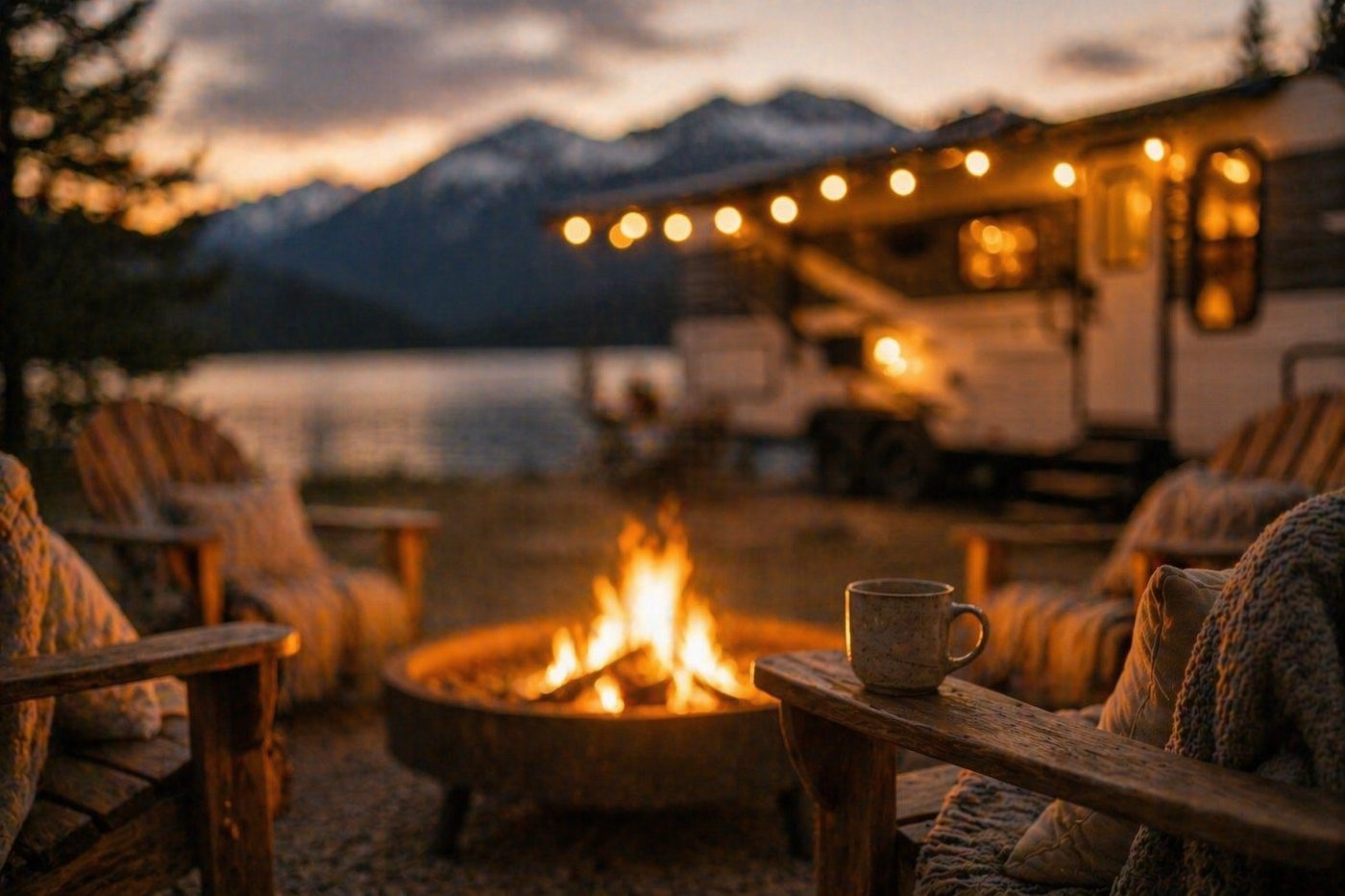 Fire pit glowing against mountain dusk