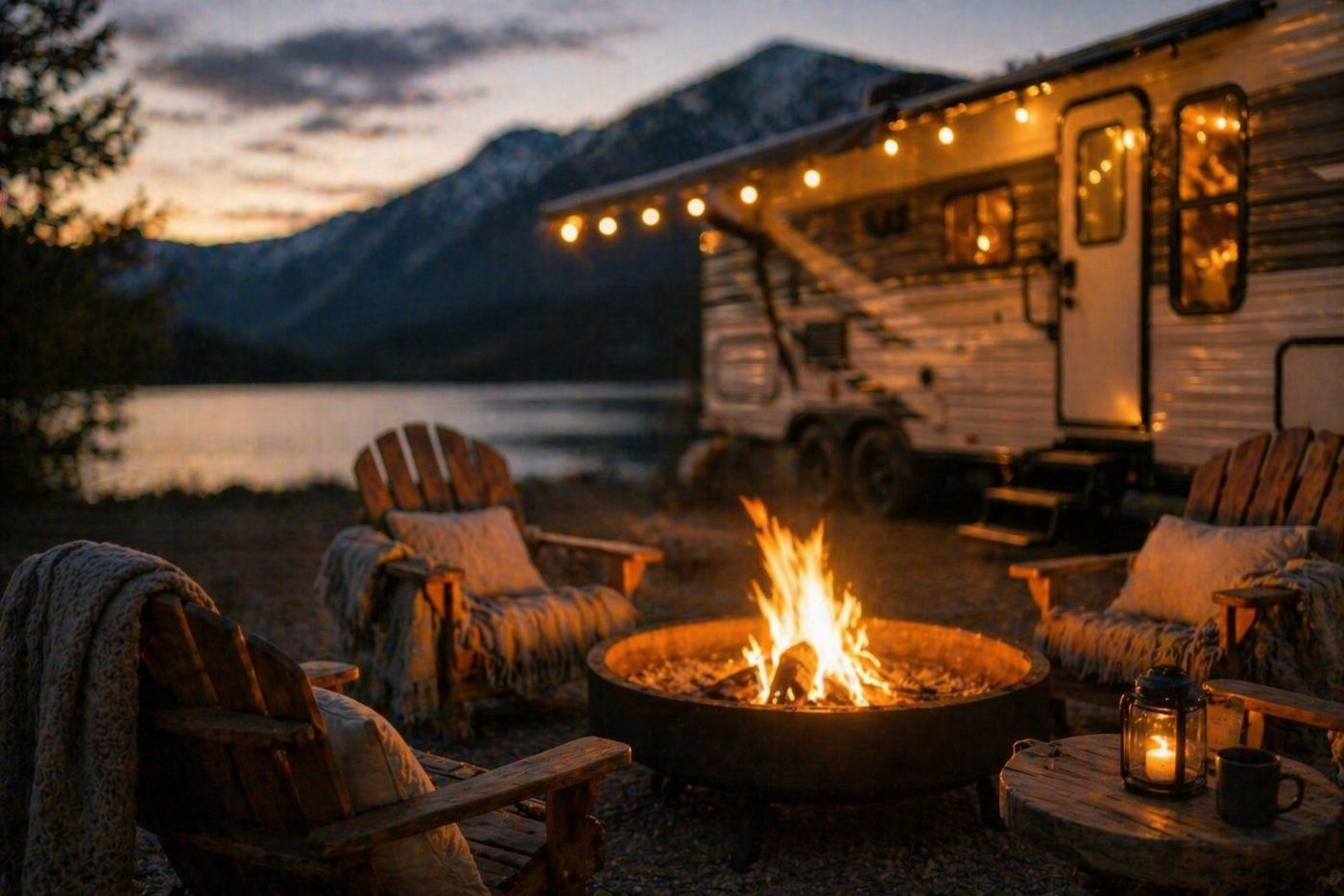 Nelly at dusk with fire pit, string lights, and mountain backdrop