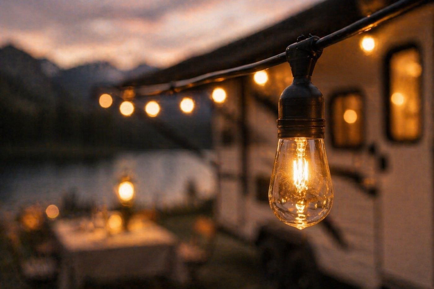 String lights glowing under the awning
