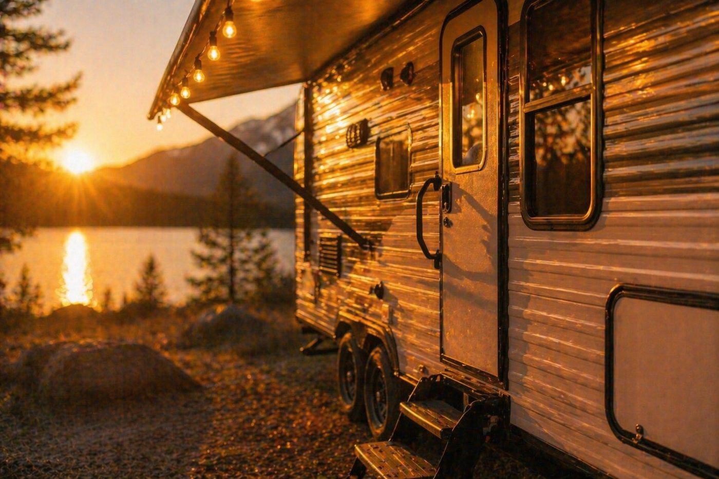 A restored travel trailer glowing at sunset beside a mountain lake